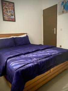 a bed with a purple comforter in a bedroom at RUDISH COTTAGE (COZY & PRIVATE) in Abuja