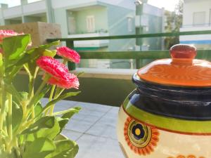 ガリポリにあるRobinia Apartment - Gallipolitravelの赤花の花の隣に座る花瓶