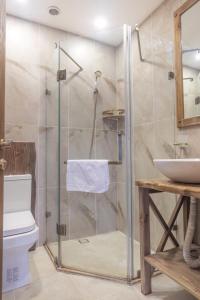 a bathroom with a shower with a toilet and a sink at Passage Art Hotel in Baku