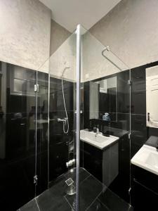 a bathroom with a glass shower and a sink at Le Parisien - Chic 2BR City Centre Escape in Tangier
