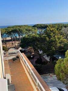 a balcony with a view of the beach and trees at Apartamento MARINA PLAYA, primera linea de mar in Blanes