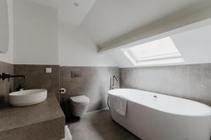 a bathroom with a tub and a toilet and a skylight at Cathedral view from the bathtub in Antwerp
