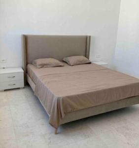a bed with two pillows on it in a bedroom at Appartement haut standing 170 m2 in Tunis