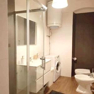 een badkamer met een toilet, een wastafel en een wasmachine bij 2 bedrooms apartement with city view balcony and wifi at Carisolo in Carisolo