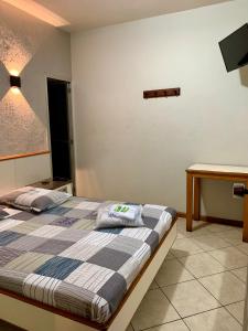 um quarto com uma cama, uma secretária e uma televisão em Hotel Glória em Niterói