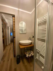 a bathroom with a white sink and a mirror at Casa Letizia in Prato Nevoso