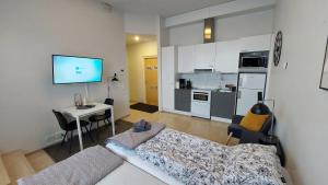 Kotimaailma Apartments Vapaudenkatu 48-50 B51 في يوفاسكولا: غرفة معيشة مع أريكة وطاولة ومطبخ