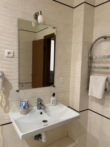 een badkamer met een witte wastafel en een spiegel bij Hotel Sofiivka in Konopnitsa