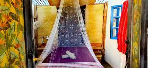 1 cama con mosquitera en una habitación en Hostelito La Sardina en Todos Santos