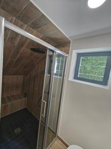 a bathroom with a shower and a window at Luxury pavilion, terrace, jacuzzi, Olympics 2024 in Orly