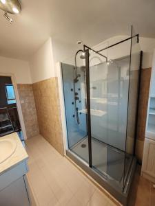 La salle de bains est pourvue d'une douche en verre et d'un lavabo. dans l'établissement Belle maison proche de la plage, quartier calme, Audierne / Esquibien, à Audierne