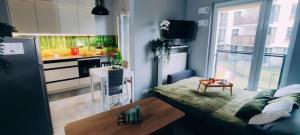 een kleine kamer met een keuken en een bed erin bij Nowoczesny apartament z garażem i balkonem Mokotów in Warschau