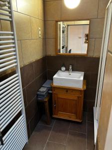 uma casa de banho com um lavatório e um espelho em Winnys House em Dirbach