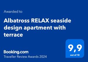 ein blauer Bildschirm mit Adresse-Rexak-Website-Design-Termin mit Terrasse in der Unterkunft Albatross RELAX seaside design apartment with terrace in Ķesterciems