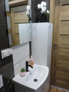 een badkamer met een witte wastafel en een spiegel bij Nowoczesny apartament z garażem i balkonem Mokotów in Warschau