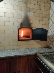 uma cozinha com forno de fogo na parede em Quinta Erva Doce em Vila do Porto