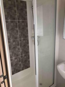 a bathroom with a shower and a toilet and a sink at Luxurious Lodging in Bembridge in Bembridge