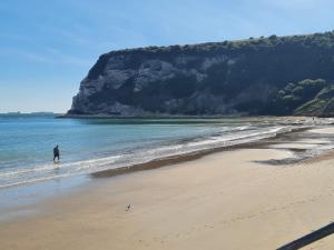 a man standing on a beach near the ocean at Luxurious Lodging in Bembridge in Bembridge