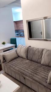 a brown couch in a living room with a mirror at Apartment BN MAGIC in Bijeljina