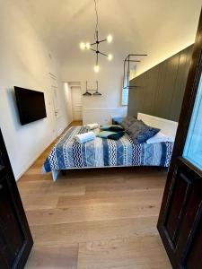 1 dormitorio con 1 cama y TV en la pared en Dimora del Mercante en Catania