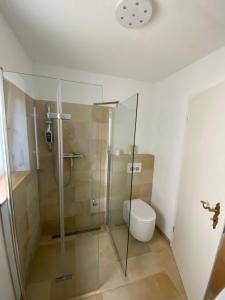 a bathroom with a glass shower and a toilet at Ferienhaus mit Garten und Balkon in Berching +19 photos