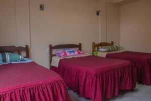Habitación con 3 camas y mantas rosas. en Residencial Tablada en Tarija