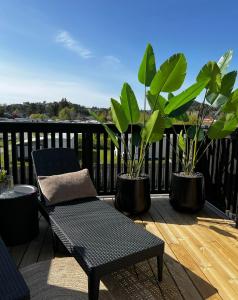 克里斯蒂安桑的住宿－Sommeridyll på sørlandet, perfekt for barnefamilier，阳台,种植了两株盆栽植物,设有长凳