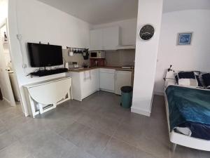 a small kitchen with a bed and a television at Studio 4 pers, terrasse, clim, parking privé inclus in Cannes