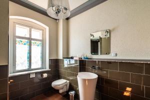 a bathroom with a toilet and a window and a mirror at Villa Hänsch Suite 1 in Großschönau