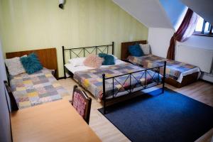 een slaapkamer met 2 bedden en een blauw tapijt bij Class in Petroşani