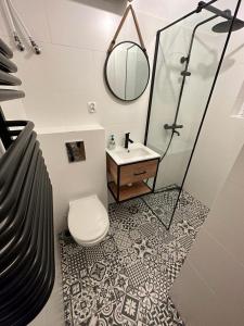 La salle de bains est pourvue de toilettes, d'un lavabo et d'un miroir. dans l'établissement Nad Grajcarkiem, à Szczawnica