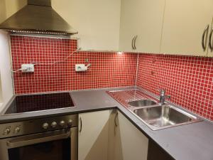 een keuken met een wastafel en rode tegels op de muur bij Feelhome Borgtun One bedroom cozy apartment in Tromsø