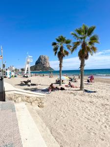 a beach with palm trees and people laying on the sand at Calpe Beach Apartment I Arenal Beach in Calpe