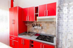 czerwona kuchnia ze zlewem i czerwonymi szafkami w obiekcie Villa Fialofana Ambohimarina 