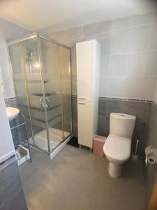 uma casa de banho com uma cabina de duche em vidro e um WC. em Pericos Gilet em Gilet