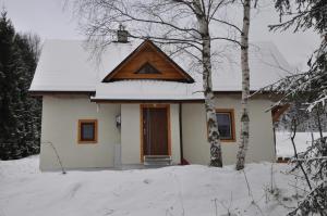 ein Haus mit einem dreieckigen Dach im Schnee in der Unterkunft Cataleya Rajcza in Rajcza