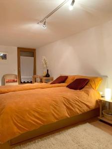 um quarto com uma cama grande e uma colcha laranja em Rustico Valgrazia em Molare