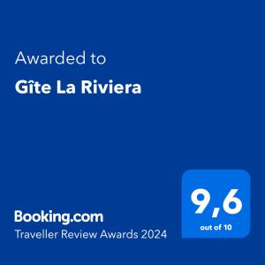 Certifikat, nagrada, logo ili neki drugi dokument izložen u objektu Gîte La Riviera