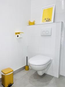 a white bathroom with a toilet and a bike on the wall at Charmant studio près de Roissy CDG in Le Mesnil-Amelot