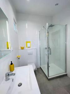 a white bathroom with a shower and a sink at Charmant studio près de Roissy CDG in Le Mesnil-Amelot
