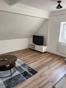 a living room with a tv and a wooden floor at Appartement En Allemagne près de Strasbourg in Willstätt