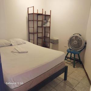 1 dormitorio con 1 cama, ventilador y silla en Costa Linda Art Hostel, en Manuel Antonio