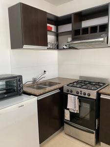 a small kitchen with a stove and a sink at Terrazas Resort monoambiente moderno con piscina in La Plata