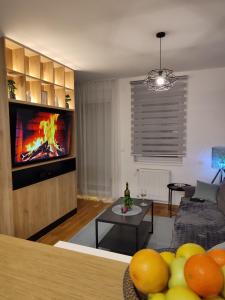 a living room with a couch and a fire on the tv at MoonZE apartman, free parking in Novi Grad