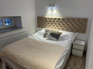 een slaapkamer met een bed met een groot hoofdeinde bij Apartamenty KTW Kościuszki 41 - SKY & DESIGN in Katowice