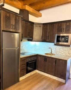 eine Küche mit Holzschränken und einem Kühlschrank aus Edelstahl in der Unterkunft Duplex El Acebuche in Arroyo Frio