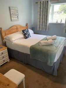 um quarto com uma cama com duas almofadas em Manorcombe 19 em Gunnislake