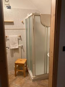 ein Bad mit einer Dusche mit einem Hocker in der Unterkunft Dolomiten Dream House in Ziano di Fiemme