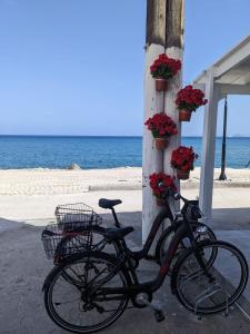 uma bicicleta estacionada ao lado de um poste na praia em Pillbox Seafront Studios and Apartments em Kardamaina