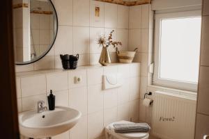 a bathroom with a sink and a toilet and a mirror at Lieblingsplatz by Julia & Tom in Kesselsdorf